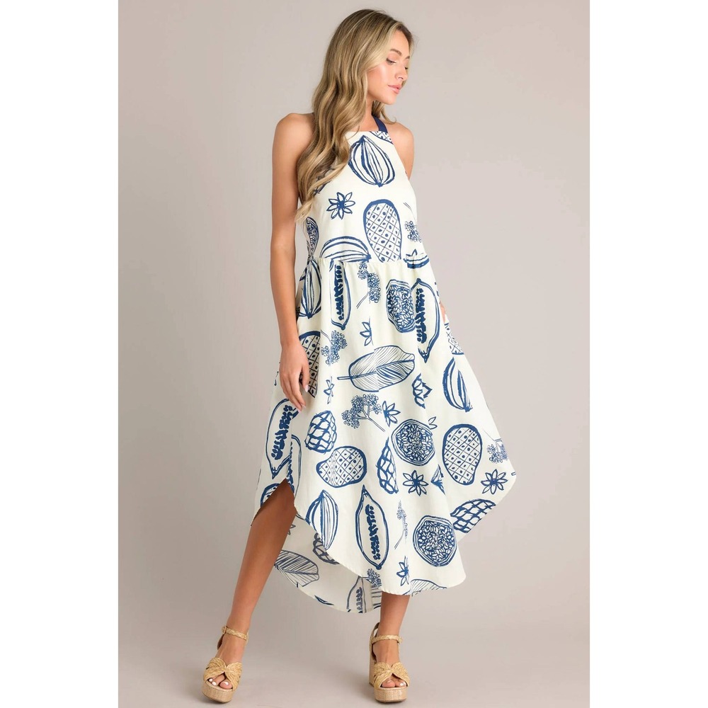 Entro Womens Navy White Fruit Print‎ High Low Midi Dress Tie Back Size M